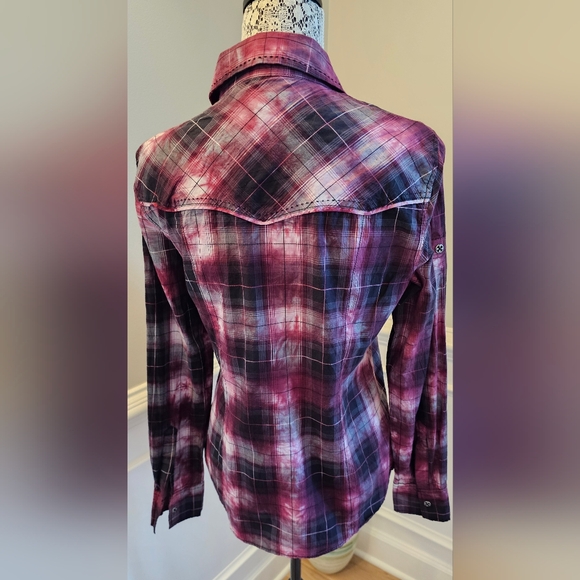 Affliction Button Down Shirt Womens Large  Red Wine Black Long Sleeves - Picture 11 of 13